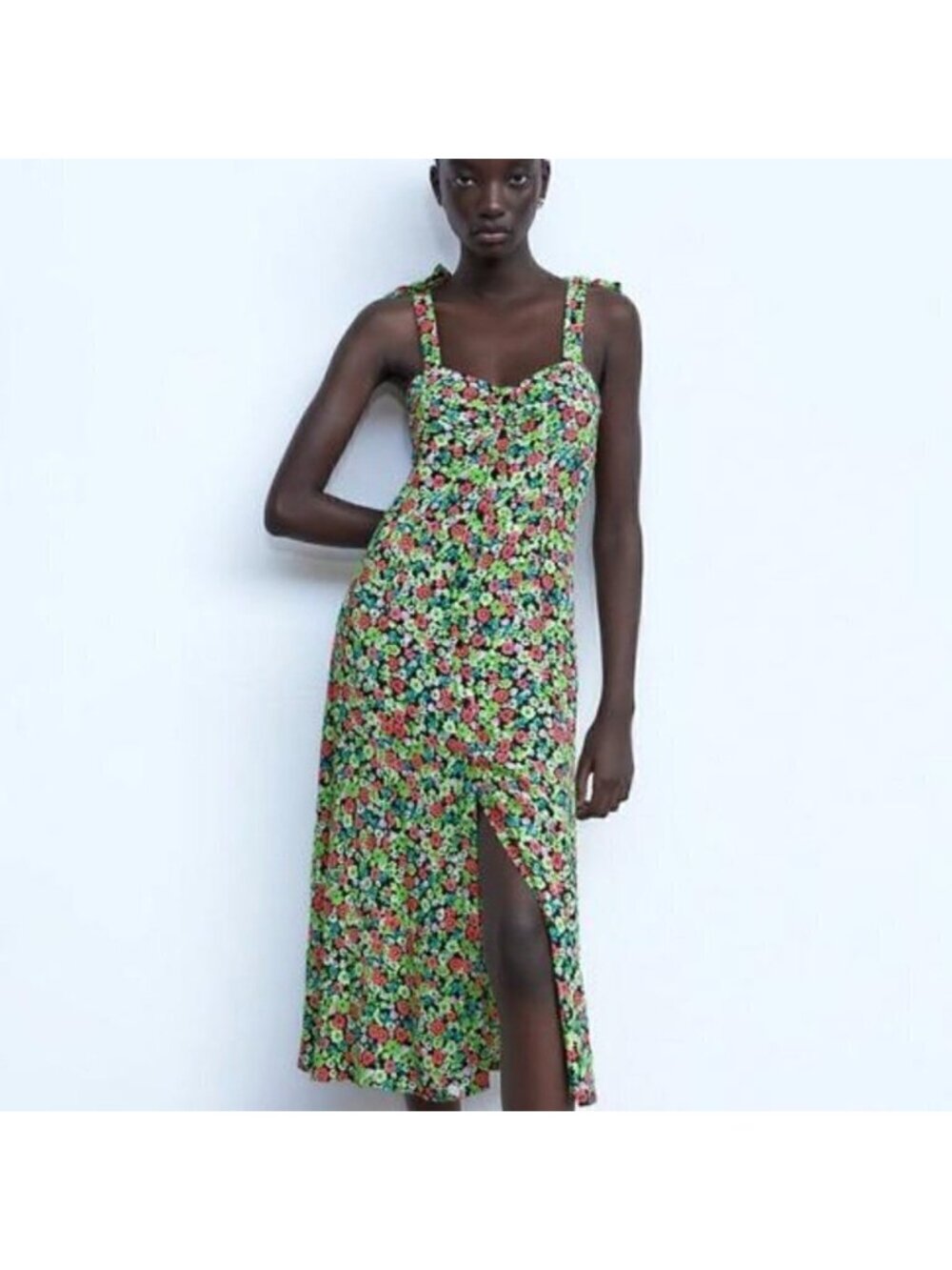Zara Floral V-Neck Sleeveless Button Front Midi Dress Women's Small
